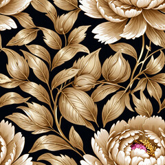 Illustration seamless pattern with peony flowers leaves golden colors hand drawn floral ornament - Seamless tile