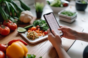 Person using smartphone app to track calories and macronutrients, managing diet and maintaining...