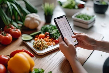 Abwaschbare Fototapete Eisenbahn Person using smartphone app to track calories and macronutrients, managing diet and maintaining healthy lifestyle, Generative AI