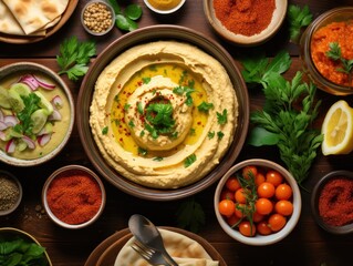 Traditional Middle Eastern Hummus Served With Assorted Spices and Condiments