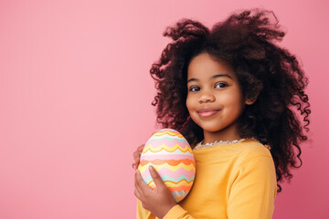 Fototapeta na wymiar Cheerful Young Girl with Curly Hair Holding a Colorful Easter Egg On a Pink Background Copy Space 