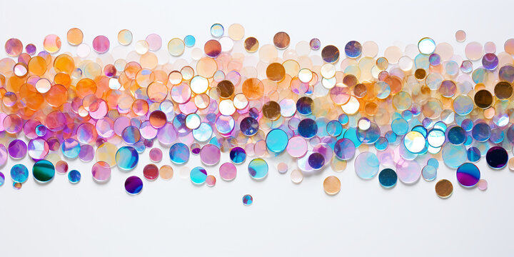 halographic sequins on a white background, multi-colored sparkles, confetti scattered on a white background