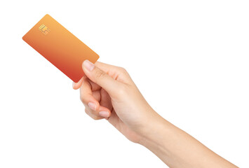 Hand holding credit card on isolated white background.