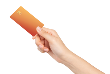 Hand holding credit card on isolated white background.