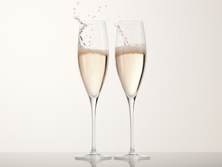 Two Glasses of Champagne Being Filled With Bubbly Liquid for Celebration, Beige Background