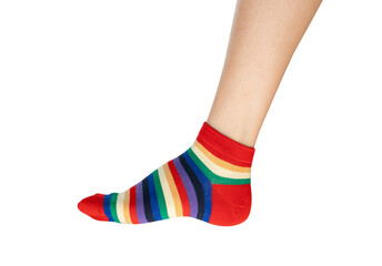 Woman wearing colorful socks on isolated white background.