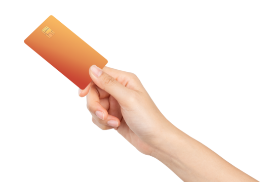 Hand holding credit card on isolated white background.
