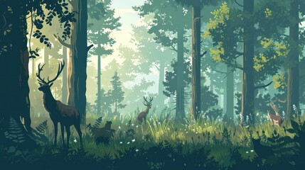  a painting of a forest with deer in the foreground and a third deer in the background in the foreground, and a third deer in the foreground in the foreground.