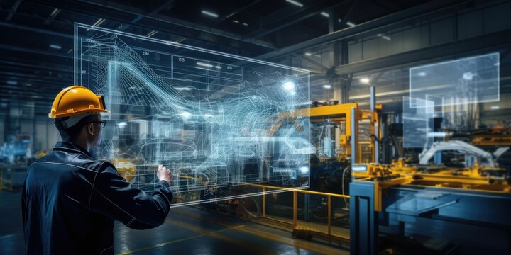 smart industry 4.0 futuristic technology concept, engineer use artificial intelligence combine augmented mixed virtual reality display, digital twin with 5g to control robot arm in smart factory