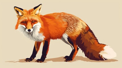 Obraz premium a red fox standing on top of a sandy ground next to a white and black dog on the other side of the picture, with a tan background and white border.