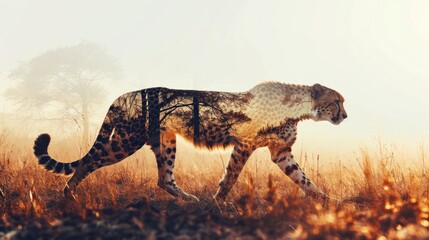  a cheetah walking in a field of tall grass with trees in the background and a foggy sky in the middle of the photo, with only one cheetah cheetah walking in the foreground. - obrazy, fototapety, plakaty