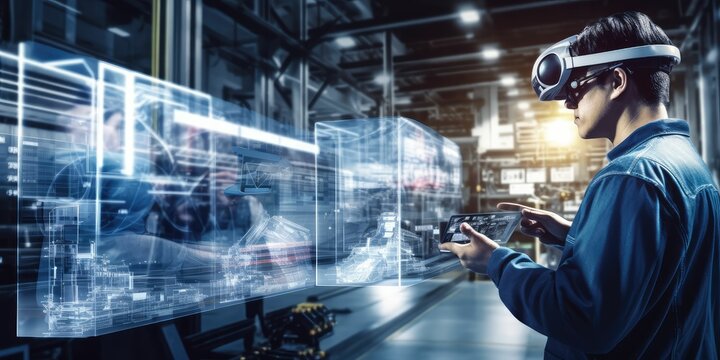 smart industry 4.0 futuristic technology concept, engineer use artificial intelligence combine augmented mixed virtual reality display, digital twin with 5g to control robot arm in smart factory