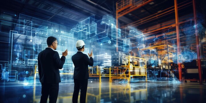 Smart industry 4.0 technology business man discuss and collaborate with engineer by using augmented mixed reality , holographic, sensor to blend with real world to simulation virtual world