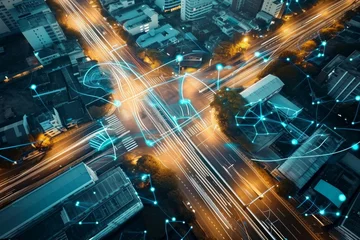  Overhead view of roads in a futuristic city with autonomous vehicles, overlay vehicle tracking system, advanced traffic management, intelligent transportation, and smart city concepts, Generative AI © Design Dynasty