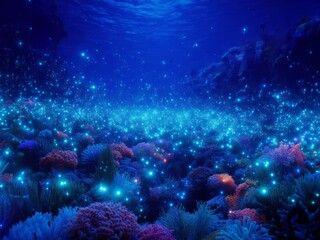 Obraz na płótnie Canvas Luminous Tropical Reef at Blue Hour Filled with Vibrant Corals and Sea Life Dramatically Illuminated by Flecks of Luminescent Plankton Generated Image