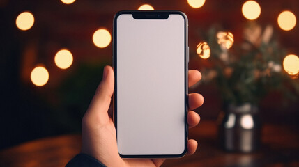 Mockup of a smartphone with a white screen in a female hand on a background of bokeh lights