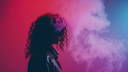 A dramatic silhouette of a woman with curls of pink smoke swirling around her, set against a vibrant red backdrop.