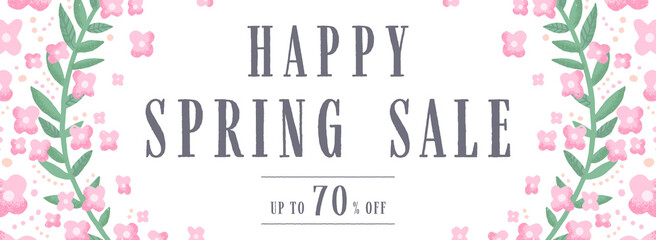 春セール向け　広告テンプレート／手描きの草花フレーム（バナー向け横長）