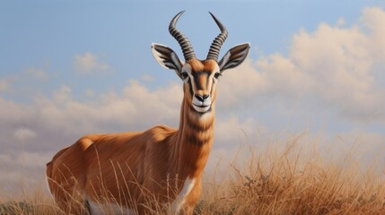  a painting of an antelope standing in a field of tall grass with a cloudy sky in the background and a few wispy clouds in the sky.