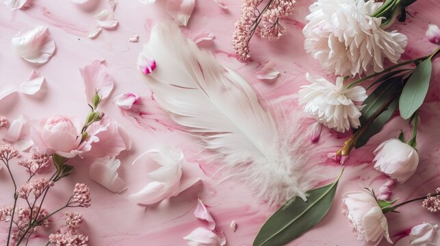  a feather, flowers, and leaves on a pink surface with pink and white flowers on the left side of the image and a white feather on the right side of the image.