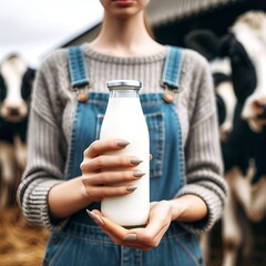 Female Farmer lady holding a bottle of milk with cow herd in background - obrazy, fototapety, plakaty