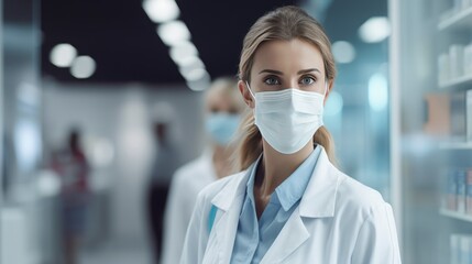Fototapeta na wymiar Guardians of health: A dedicated female pharmacist, wearing a protective mask, works in a pharmacy.