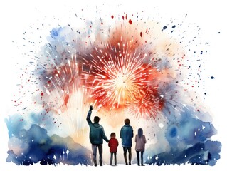 Fototapeta premium People Standing in Front of Fireworks Display. New Year's Eve celebrations. Watercolor illustration.