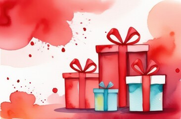 Gift boxes in red and blue watercolors. Hand drawn vector illustration of Valentine's Day packaging
