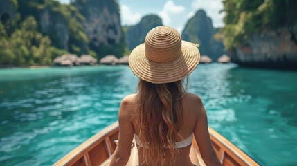 A woman with straw hat on a boat outside an island resort in southern Thailand. Generative AI.