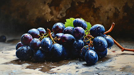  a painting of a bunch of grapes with a green leaf on the top of one of the grapes on the other side of the painting is wet, with water droplets on the surface.