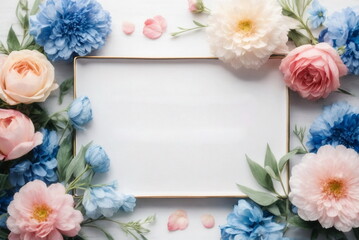 Fototapeta na wymiar Greeting card mockup and beautiful pink and blue flowers frame on white background with copy space top view. Frame blank mock up for holiday greetings. Valentine's day, Mother's day, birthday