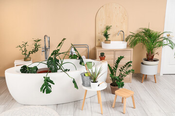 Interior of bathroom with green plants, bathtub and sink