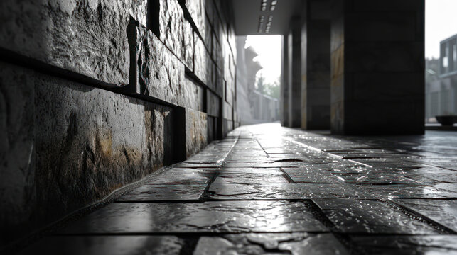  a black and white photo of an alley way with rain on the ground and a person walking down the street with an umbrella on a rainy day in the city.