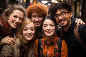 Fototapeta premium group of smiling multiethnic friends looking at camera in city street