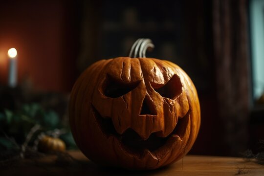 Halloween pumpkin lanterns on tabletop, Halloween theme, carved Halloween pumpkin