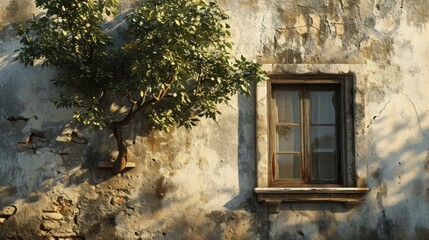  a tree in front of a building with a window and a potted tree on the side of the building with a potted tree in front of the building.