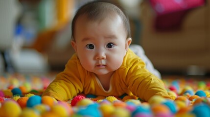 Fototapeta premium Curious Infant Amongst Colourful Balls. Description: Baby in yellow crawling in a colourful ball pit.
