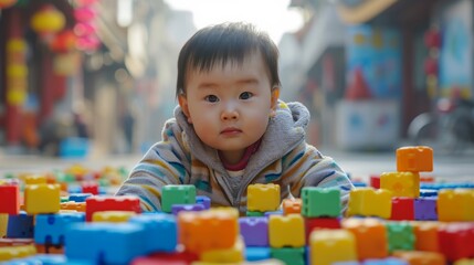 Toddler with Colourful Toy Blocks.
Child focused on playing with multicoloured building blocks.
