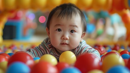 Fototapeta na wymiar Baby's First Ball Pit Adventure. Infant with a thoughtful expression in a ball pit.