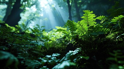  a lush green forest filled with lots of leafy plants and a bright beam of light shining through the leaves of the tree's branches on a sunny day.