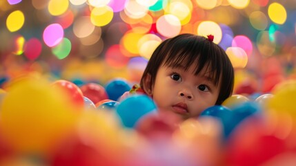 Fototapeta na wymiar Child in Ball Pit. Young girl gazing in a ball pit with bright lights.