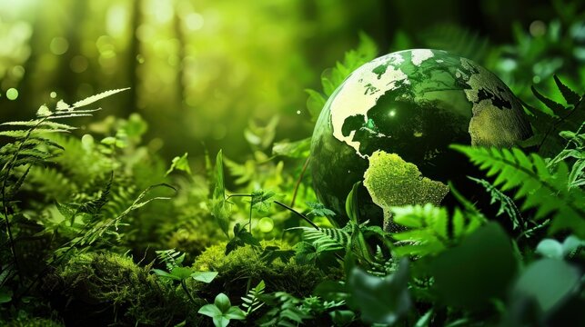  a picture of a green earth in the middle of a forest with ferns and other plants on the sides of the image and the earth in the middle of the picture.