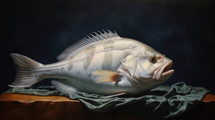  a white fish sitting on top of a piece of cloth on top of a wooden table next to a green cloth on top of a piece of wood and a black background. - obrazy, fototapety, plakaty