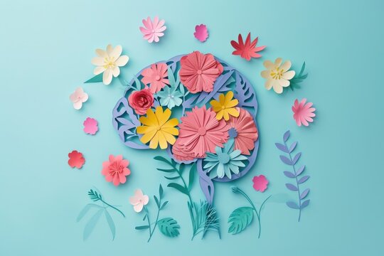 paper cut card Human brain with spring colorful flowers.  World Mental Health day Concept of mental health, self care, happiness, harmony, positive thinking, creative mind