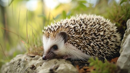 Fototapeta premium a small hedge sitting on top of a rock next to a pile of leaves and grass on top of a pile of leaves on top of a pile of rocks.