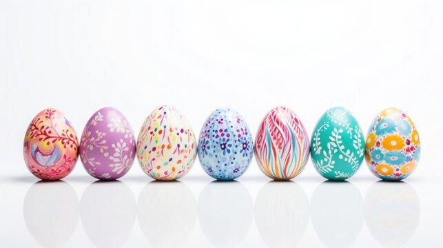Easter banner with colorful eggs with patterns in row isolated on white background