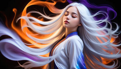 AI generated illustration of a beautiful Woman with long white hair , vibrant realistic colors , 



