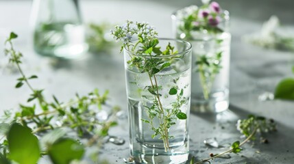  a close up of a glass of water with a plant in it and another glass of water with a plant in it and another glass of water on the side.