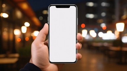 Male hand holding a smartphone with white screen on the background of the night city