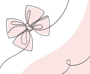 Elegant pink ribbon bow in continuous line art drawing style. Minimalist black linear sketch isolated on white background.